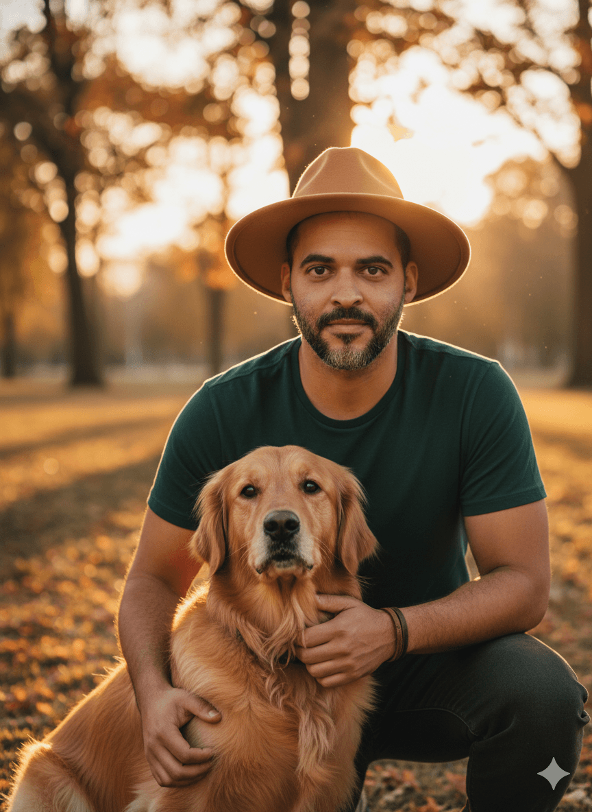 Foto de primavera e outono com homem e seu cachorr